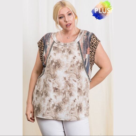 ces femme mixed material short sleeve top with brown tie dye and leopard… - Picture 2 of 4